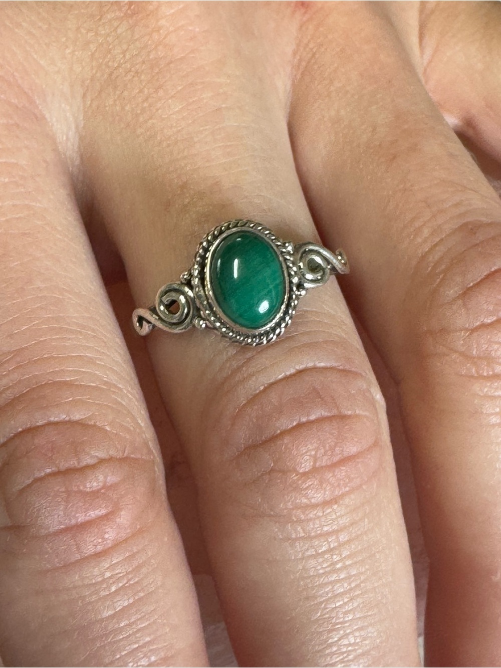 Malachite Sterling Silver Scroll Stackable Ring - Size 9